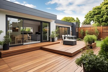 The renovation of a modern home extension in Melbourne includes the addition of a deck, patio, and courtyard area. - obrazy, fototapety, plakaty
