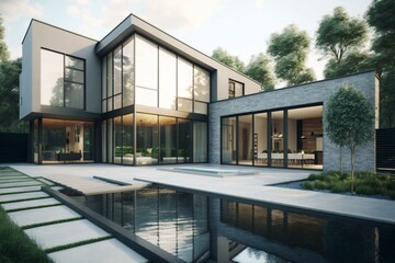 3D-rendered exterior of a contemporary house with a pool. Generative AI
