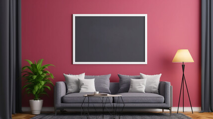 Interior modern pink room with empty frame mockup. Copy space. Generative AI