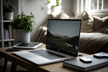 A laptop is on a desk at the workplace. Generative AI