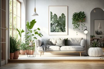 Spacious and contemporary living area featuring a sofa, lamp, and plants. Generative AI