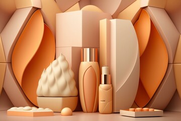 3D rendered cosmetic backdrop with beige and orange color scheme for product presentation. Generative AI