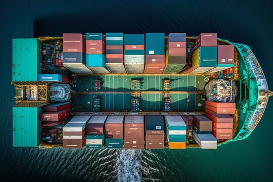 A bird's-eye view of a freighter with its decking packed with containers. Generative AI