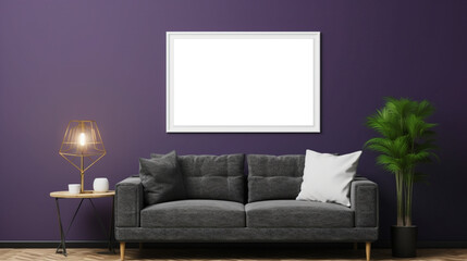 Interior modern dark purple room with empty frame mockup. Copy space. Generative AI