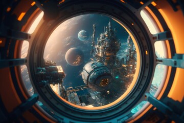 A brilliantly colored space station orbits a planet, made hyper-realistic with Unreal Engine 5's bokeh and ultra-wide angle lens, surrounded by iconic cityscapes. Generative AI - obrazy, fototapety, plakaty