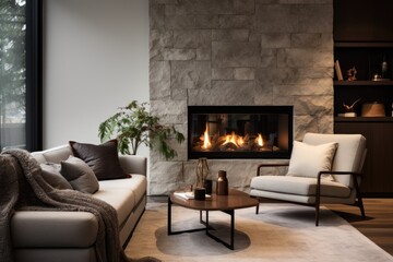 The living room has a snug and inviting atmosphere, featuring a cozy armchair and a contemporary electric fireplace.
