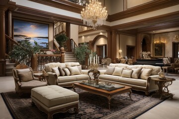 The luxury home features a well appointed living room, with all the necessary furniture and decorations.