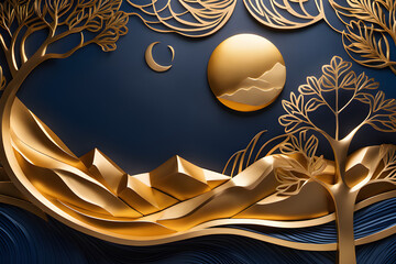 3D modern art mural wallpaper, Dark blue and golden wave background, Stunning golden tree ,Modern wallpaper design ,Artistic home decor, Elegant color combination ,Contemporary mural artwork