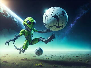 alien is playing football on another planet. AI generated