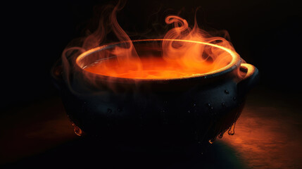 Witches Cauldron Brewing Potion with Colorful Steam Smoke - Halloween Theme - Generative AI