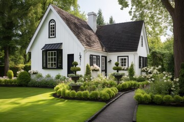 The quaint cottage, located in a rural village, features a charming white exterior with a dark roof and windows. The cozy abode is enhanced by a pristine white extension, while a stunning garden