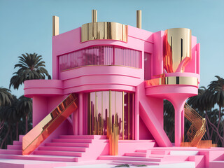 Beautiful pink house, with an unusual design. AI generated.