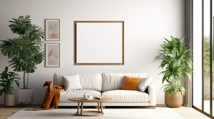 Interior modern classic light room with empty frame mockup. Copy space. Generative AI