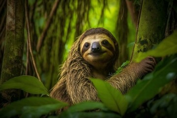 Obraz premium Preserving biodiversity and the ecosystem with a sloth in the jungle. Generative AI