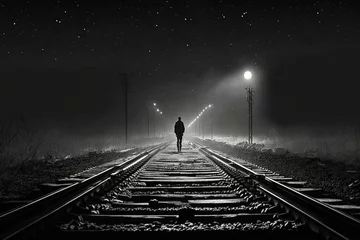 Fotobehang A solitary figure stands alone on the railway tracks. Generative AI © Arnav