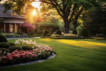 Fototapeta premium The private property is adorned with a stunningly manicured lawn and flowerbed, featuring deciduous shrubs. As the sun sets, casting a warm and radiant glow, the background provides a beautiful