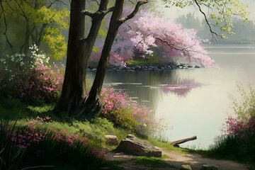 Serene springtime scenery caressed by gentle breeze. Generative AI