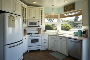 White cabinetry and matching appliances in small kitchen with corner window. Generative AI