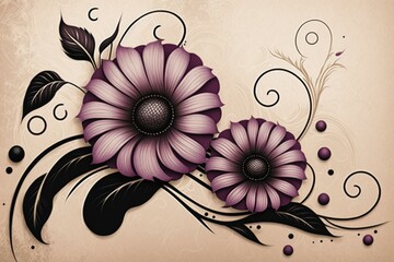 Image of two purple flowers on pink background adorned with black & white swirls and dots, petals are pink. Generative AI