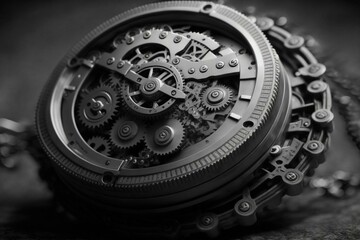 A grayscale image of a gear-driven mechanical watch. Generative AI