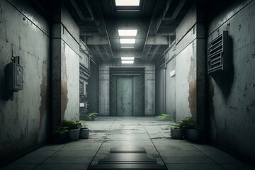 3D rendering of a gritty, worn metal hallway in a futuristic setting. Generative AI