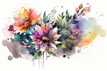 Colorful floral watercolor with white space. Generative AI