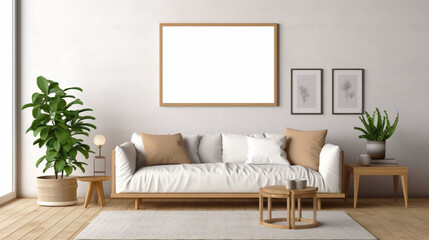 Fototapeta na wymiar Interior modern boho classic light room with white empty frame mockup. Copy space. Generative AI