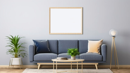 Interior modern classic light room with empty frame mockup. Copy space. Generative AI