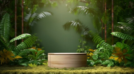Wooden podium or stage for product presentation. Green wall background with tropical leaves decorations. Copy space. Generative AI