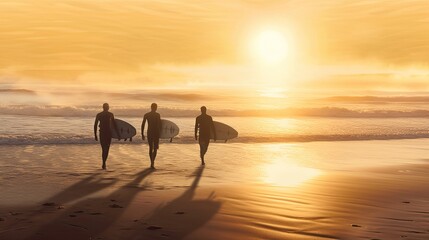 Three surfers near sea