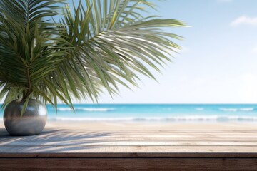 Wooden terrace display with beach day as background