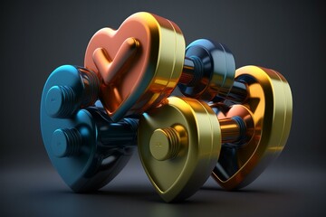 Heart-shaped sports dumbbells in vivid 3D graphics. Generative AI
