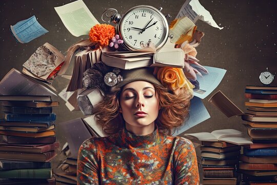 Tired woman overhelmed with chaos of papers and work