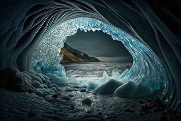 Ice cave with water stream. Generative AI