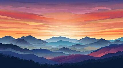 Sunset view illustration of mountain landscape view under amazing sky