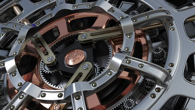 The lock of the large round safe door is locked and unlocked. 3d animation