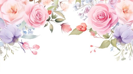 Delicate watercolor roses over white background with copy space