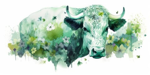 green aqualree of a cow on a green meadow with flowers