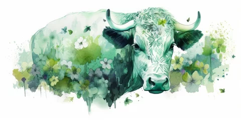 Foto auf Acrylglas Aquarellschädel green aqualree of a cow on a green meadow with flowers