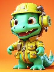 A Cute 3D Alligator Dressed Up as a Firefighter on a Solid Color Background