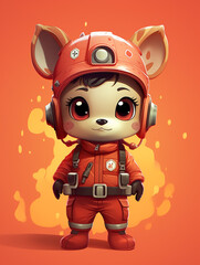 A Cute 3D Deer Dressed Up as a Firefighter on a Solid Color Background
