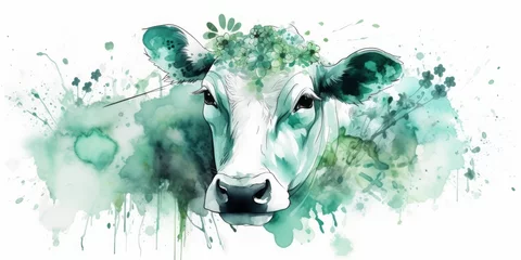 Papier Peint photo Crâne aquarelle green aqualree of a cow on a green meadow with flowers