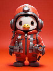 Fototapeta premium A Cute 3D Penguin Dressed Up as a Firefighter on a Solid Color Background