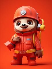 A Cute 3D Sloth Dressed Up as a Firefighter on a Solid Color Background