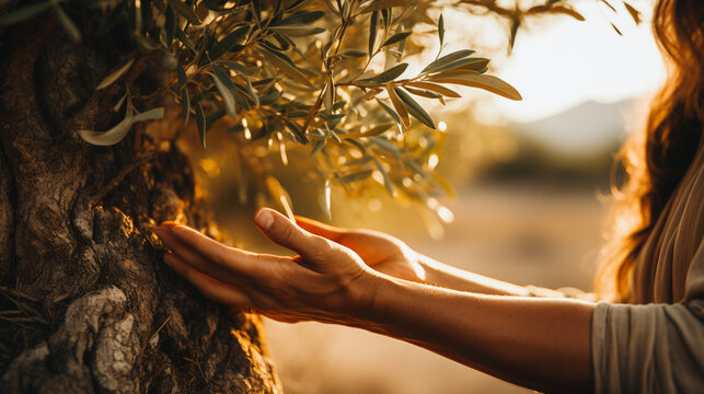 A heartwarming image of hands embracing an ancient olive tree, representing our connection to nature Generative AI