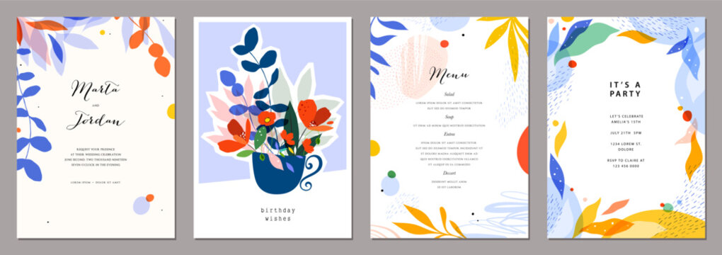 Set of creative artistic templates with abstract and floral elements. For poster, greeting and business card, invitation, flyer, banner, brochure, email header, advertising, events and page cover.