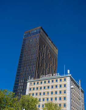 Gothenburg, Sweden - May 06 2023: Looking up Hotel Draken and Folkets hus at J?rntorget.