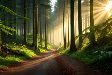An enchanting afforest illuminated by burn of sunlight filtering through the dense canopy of corner. Creative resource, AI Generated - obrazy, fototapety, plakaty