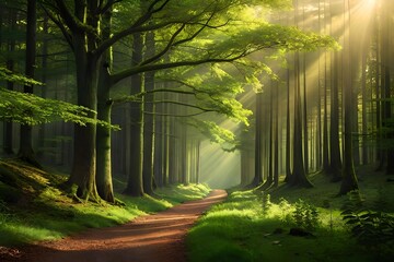 An enchanting afforest illuminated by burn of sunlight filtering through the dense canopy of tree. Creative resource, AI Generated - obrazy, fototapety, plakaty