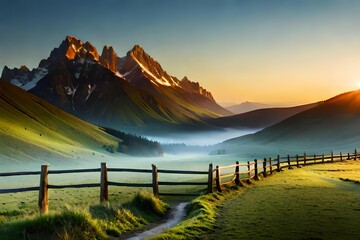 A calm countryside landscape with graze overawe , a agrestic wooden fence , and a well-defined bluing sky. Creative resource, AI Generated - obrazy, fototapety, plakaty